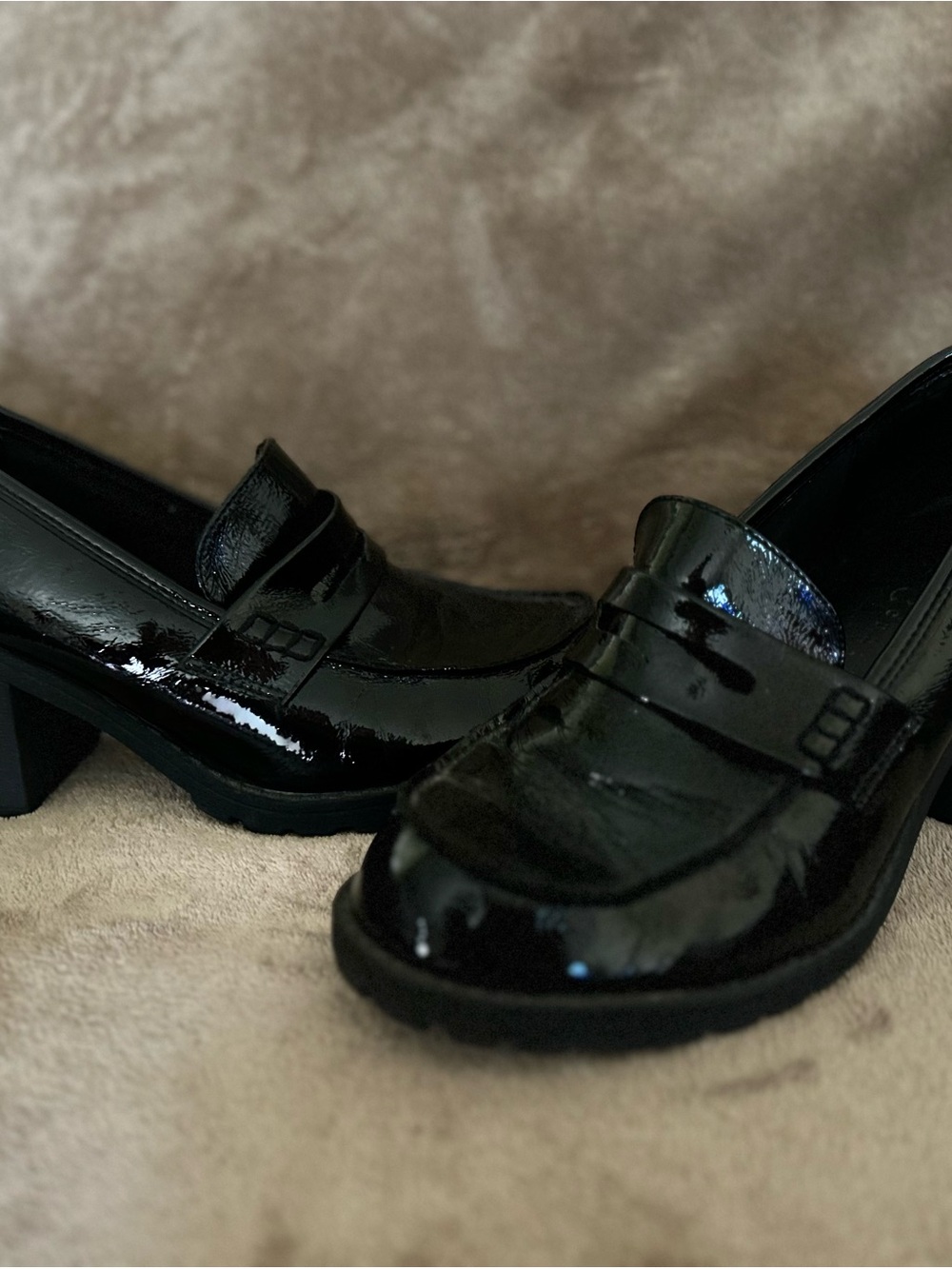 True Craft Black Patent Loafer Heels for Women - Classic Slip-On Style